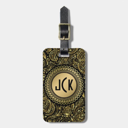 MonogramedZwart & Goud  Bloemen Paisley Bagagelabel (Voorkant verticaal)