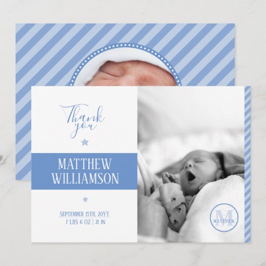 Monogramkaart geboortebevestiging foto-sjabloon aankondiging (Voorkant / Achterkant)