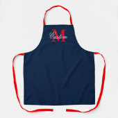 Monogramkeuken op marinenblauw en rood schort (Voorkant)
