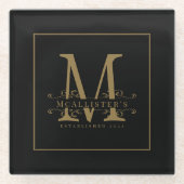 Monogramklassage van de elegante zwarte en goudfam glazen onderzetter (Voorkant)