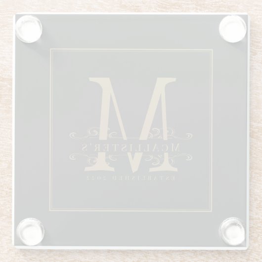 Monogramklassage van de elegante zwarte en goudfam glazen onderzetter (Achterkant)