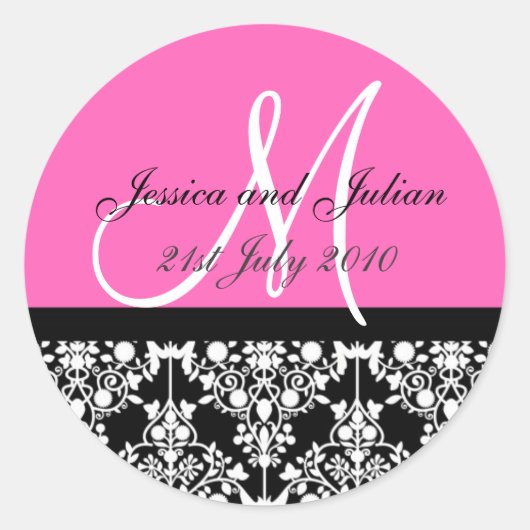 Monogramlabels - Hot Pink/Black Damask Trellis Ronde Sticker (Voorkant)