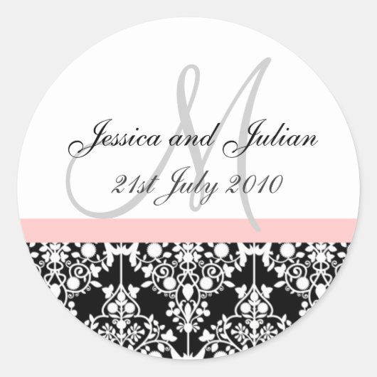 Monogramlabels - Roze/Zwart - Damask Trellis Ronde Sticker (Voorkant)