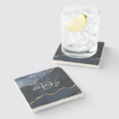 Monogramma Agatische Geode Navyblauw Goud Stenen Onderzetter (Zijkant)