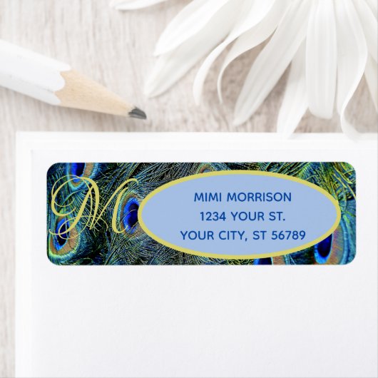 Monogrammable Blue Gold Peacock Feather Labels (Insitu)
