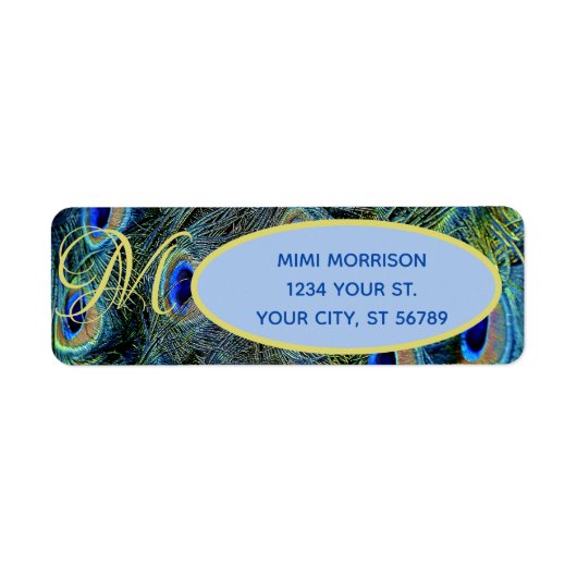 Monogrammable Blue Gold Peacock Feather Labels (Voorkant)