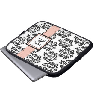 Monogrammaticale roze zwarte Damask-laptophoes Laptop Sleeve