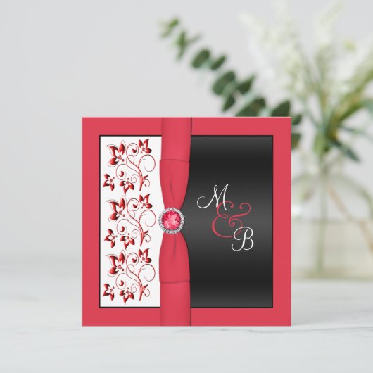 Monogrammaticale uitnodiging voor het zwart, rood  (Staand voorkant)