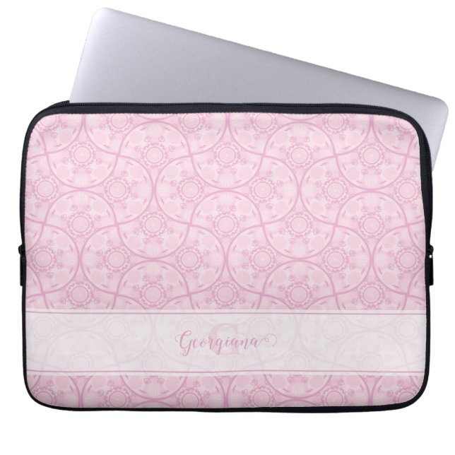 Monogrammatische Art Deco Fans Preppy in roze mand Laptop Sleeve (Voorkant)