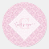 Monogrammatische Art Deco Fans Preppy in roze mand Ronde Sticker (Voorkant)