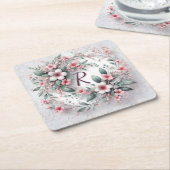 Monogrammatische bloemenkrans op kant kartonnen onderzetters (Schuin)