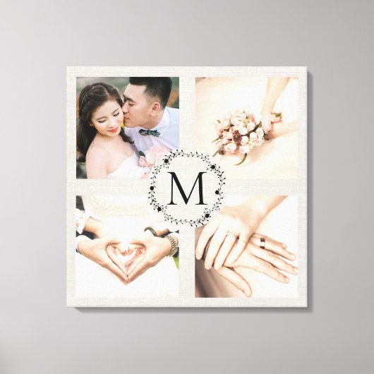 Monogramme krans collage met 4 foto's canvas afdruk (Voorkant)