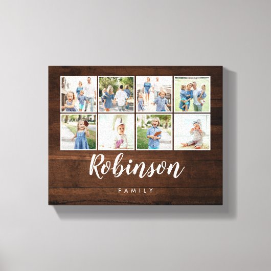 Monogrammed 8 foto familie collage rustiek hout canvas afdruk (Voorkant)