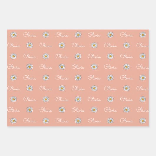 Monogrammed Aangepaste Naam Wit Daisy Bloemen Patr Inpakpapier Vel (Voorkant 2)