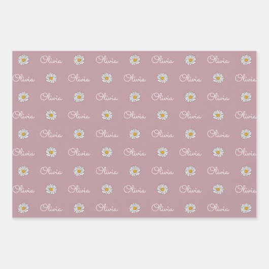 Monogrammed Aangepaste Naam Wit Daisy Bloemen Patr Inpakpapier Vel (Voorkant 2)