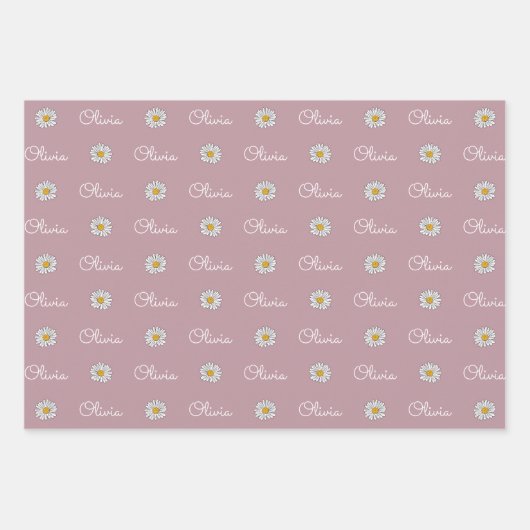 Monogrammed Aangepaste Naam Wit Daisy Bloemen Patr Inpakpapier Vel (Voorkant)
