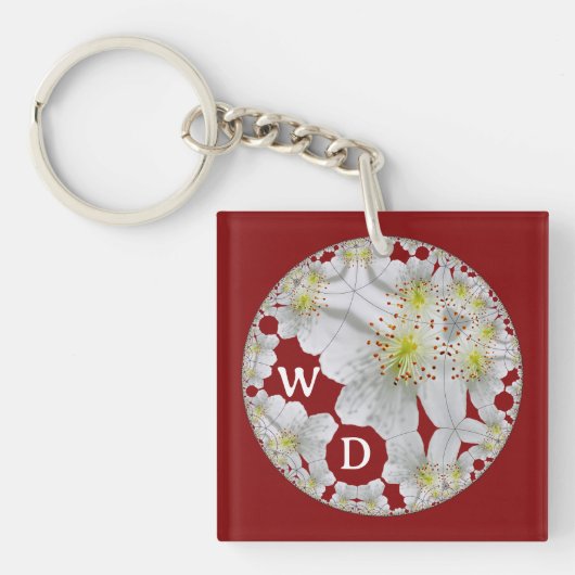 Monogrammed Abstract Fun Floral Art Bourgogne Sleutelhanger (Voorkant)