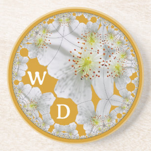 Monogrammed Abstracte Witte Bloemkunst Donkergoud Zandsteen Onderzetter