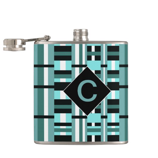 Monogrammed Aqua & Black Pset Heupfles (Geopend)