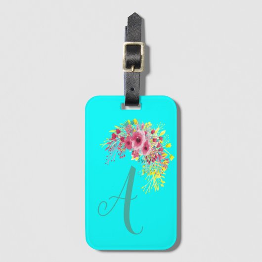 Monogrammed Aqua blue/Blauwgroen en floraal Bagagelabel (Voorkant (verticaal))