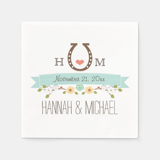 Monogrammed Aqua Blue Hoefijzer Heart Wedding Servet (Voorkant)