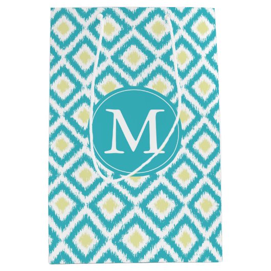 Monogrammed Aqua en Yellow Diamonds Ikat Pattern Medium Cadeauzakje (Voorkant)
