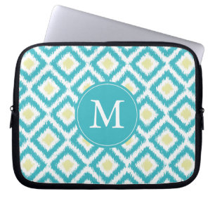 Monogrammed Aqua Lemon Diamond Ikat Pattern Laptop Sleeve