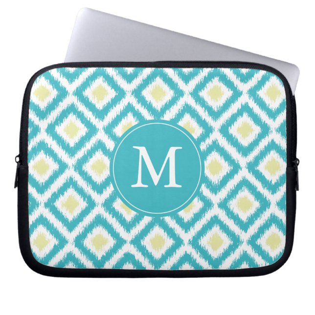 Monogrammed Aqua Lemon Diamond Ikat Pattern Laptop Sleeve (Voorkant)