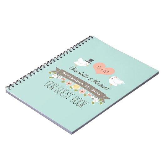 Monogrammed Aqua Tortelduifjes Weddenschap Notitieboek (Linkerzijde)