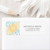 Monogrammed Aqua Yellow Floral Damask Pattern Etiket (Insitu)