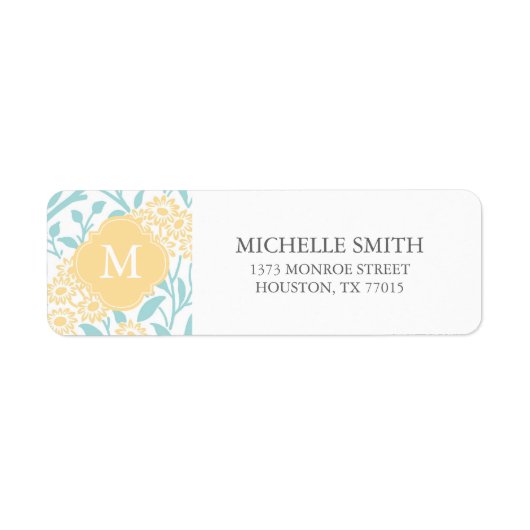 Monogrammed Aqua Yellow Floral Damask Pattern Etiket (Voorkant)