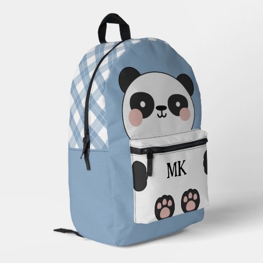 Monogrammed Ash Blue Schattige Panda Kinder Bedrukte Rugzak (Achterkant Hoek Links)
