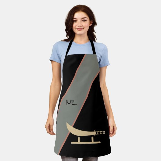 Monogrammed Asian Style Black Chef Schort (Gedragen)