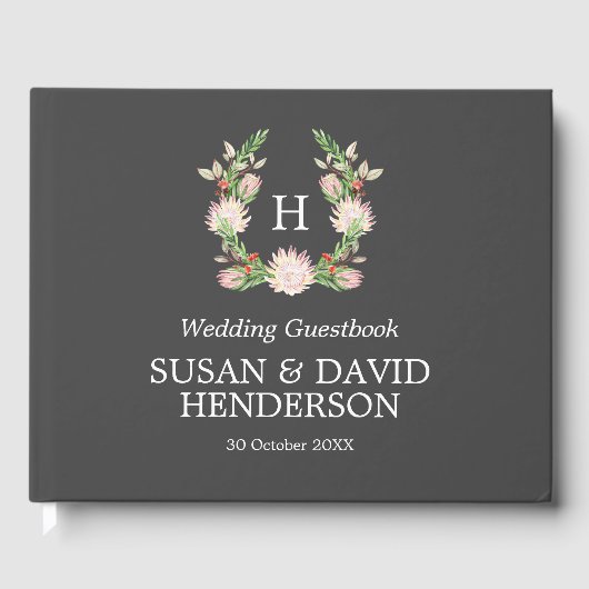 Monogrammed Australian Flowers Grey & Pink Wedding Gastenboek (Voorkant)