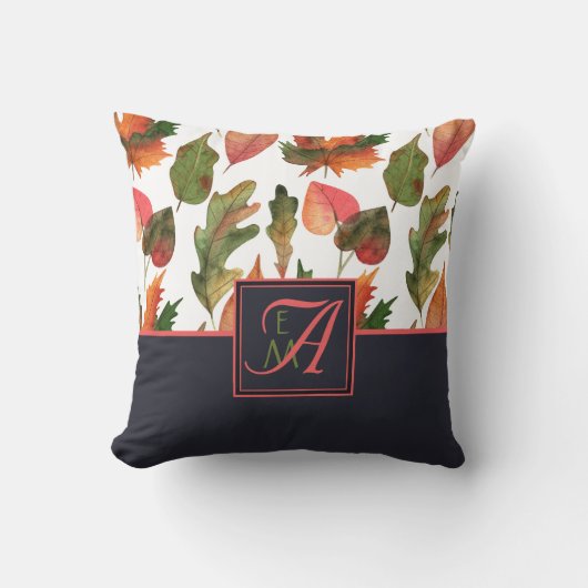 Monogrammed Autumn Leaves Blue Oranje Herfst Decor Kussen (Voorkant)