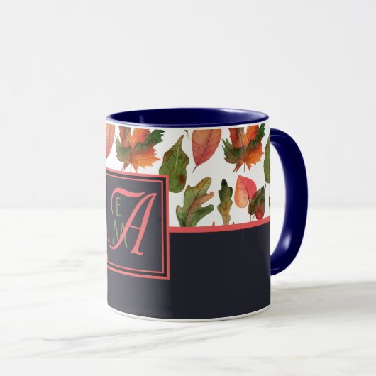 Monogrammed Autumn Leaves Blue Oranje Herfst Decor Mok (Voorkant rechts)