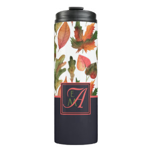 Monogrammed Autumn Leaves Blue Oranje Herfst Decor Thermosbeker