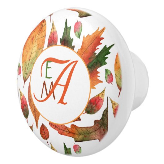 Monogrammed Autumn Leaves Herfst Oranje Green Deco Keramische Knop (Rechts)