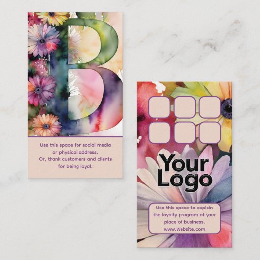 Monogrammed B Daisy Floral Waterverf Logo Punch Visitekaartje (Voorkant / Achterkant)