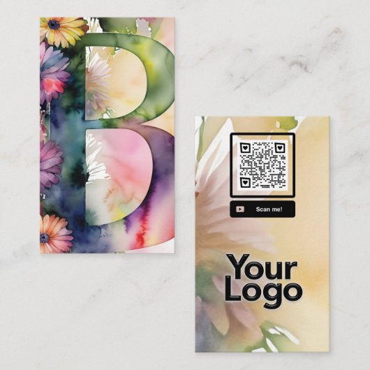 Monogrammed B Daisy Floral Waterverf QR Code Logo Visitekaartje (Voorkant / Achterkant)
