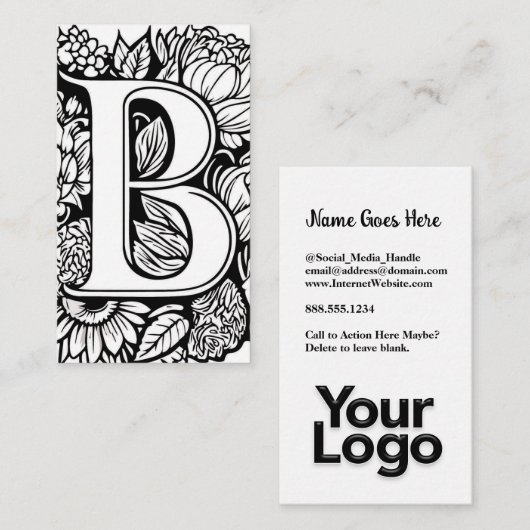 Monogrammed B Floral Zwart-wit Bedrijf Logo Visitekaartje (Voorkant / Achterkant)