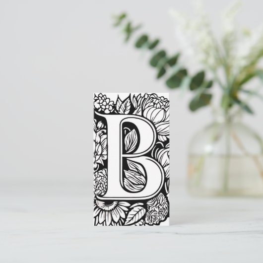 Monogrammed B Zwart-wit Bloemen QR Code Logo Visitekaartje (Staand voorkant)