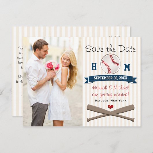 Monogrammed Baseball Theme Save the Date Aankondigingskaart (Voorkant / Achterkant)