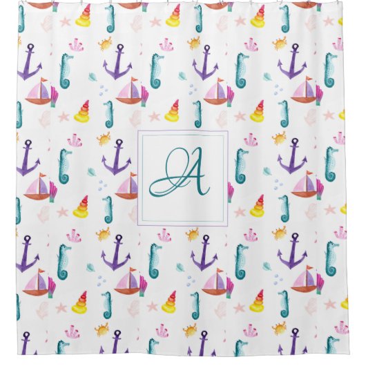 Monogrammed Beachhut Kinder Bathroom Zee Douchegordijn (Voorkant)