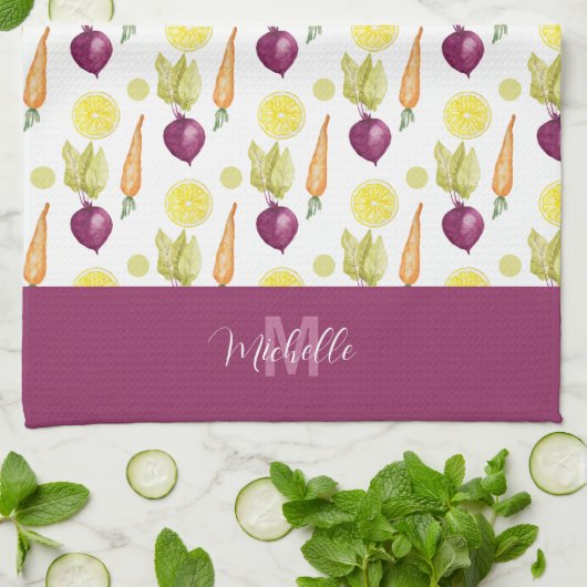 Monogrammed Beets Citroen en Wortelen Waterverf Theedoek (Gevouwen)
