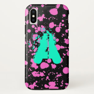 Monogrammed Black and Fuschia Splatter Paint Art iPhone X Hoesje