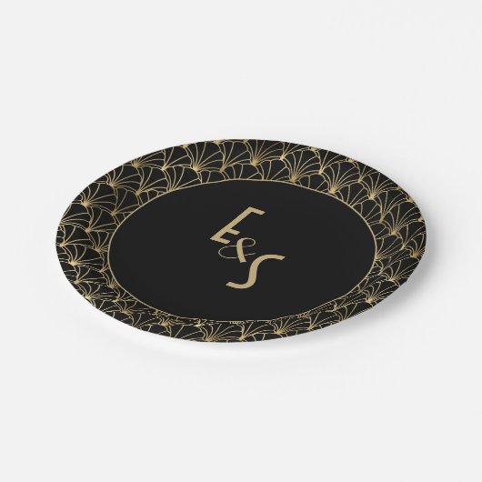 Monogrammed Black and Gold Art deco Wedding Party Papieren Bordje (Gekanteld)