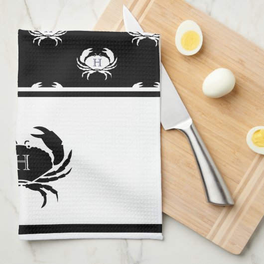 Monogrammed Black and White Crab Nautical Theedoek (Quarter Fold)
