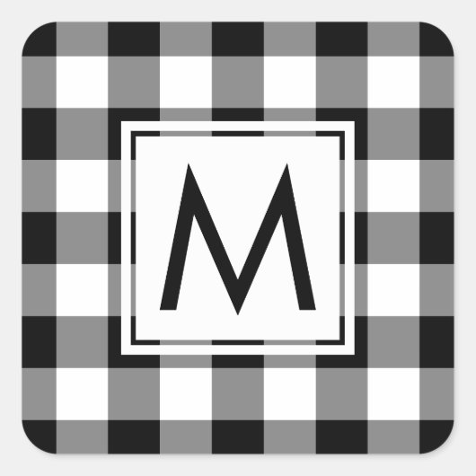Monogrammed Black and White Gingham Pset Pattern Vierkante Sticker (Voorkant)