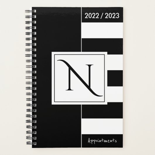 Monogrammed Black and White Modern Stripes Planner (Voorkant)
